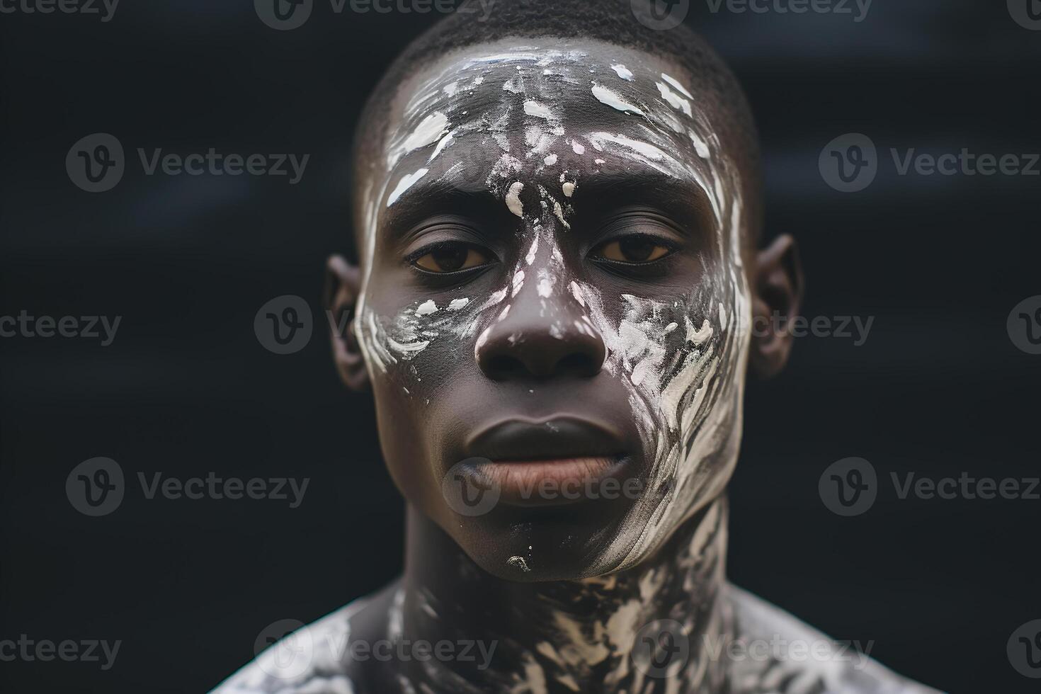 AI generated Portrait of a serious African American man with white paint stains on his face looking at camera. Identity, vitiligo concept photo