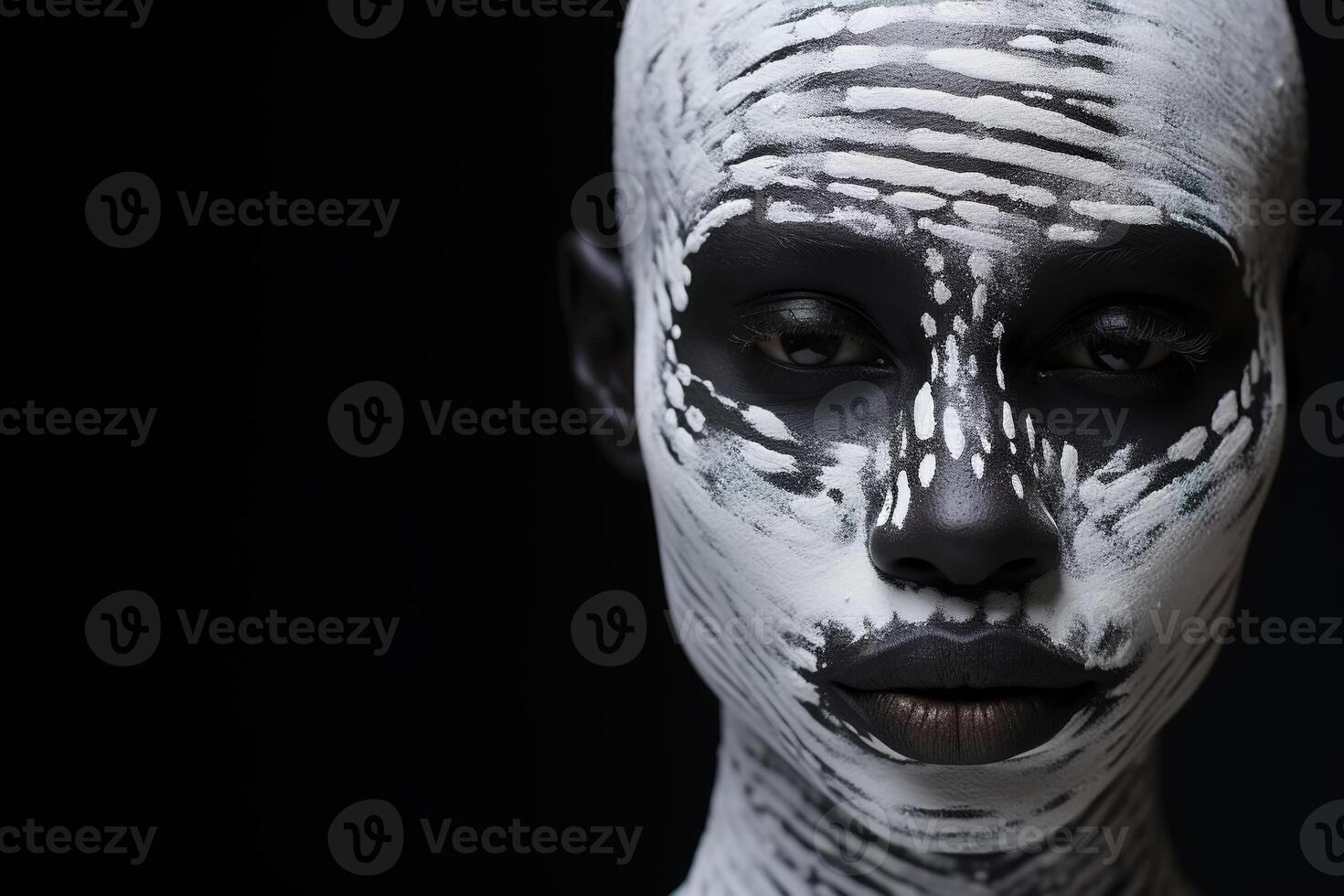 AI generated Fashion beauty portrait african american woman with white spots of paint on face make-up drawing of a zebra looking at camera on a black background with copy space photo