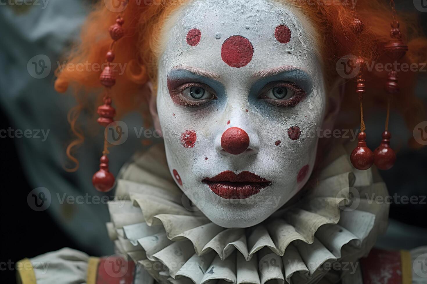 AI generated Portrait of a serious female clown, a sad woman with a festive make-up looking at camera photo
