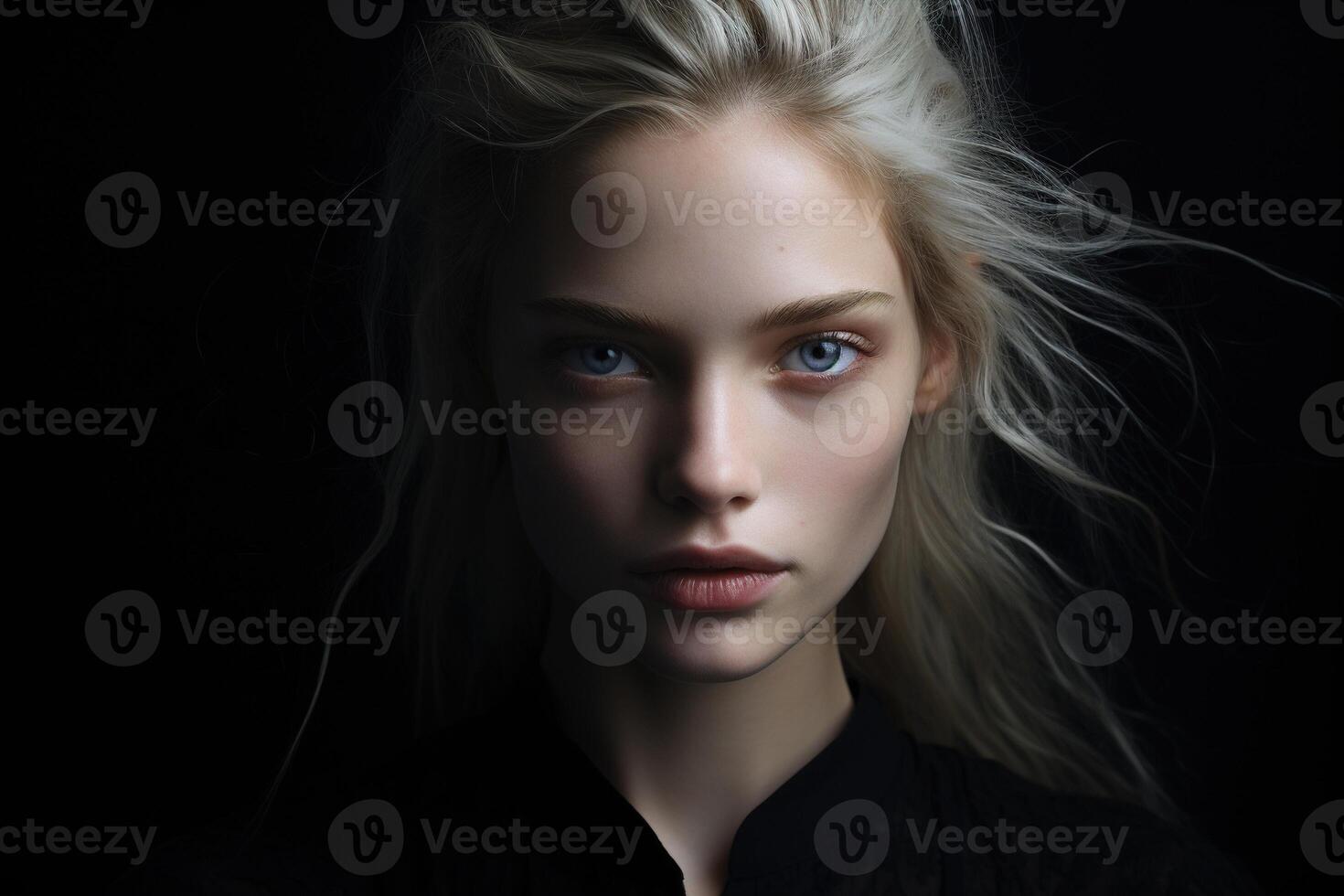 AI generated Magazine fashion sensual woman portrait, beautiful caucasian young woman model blonde with clean skin looking at camera on black background photo