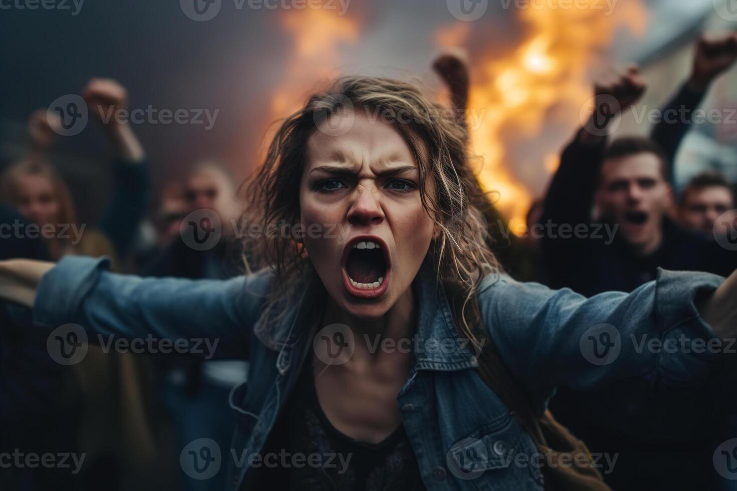AI generated Protest, strike, rally, riots concept. Screaming aggressive woman against background of crowd of angry people with fire on street photo