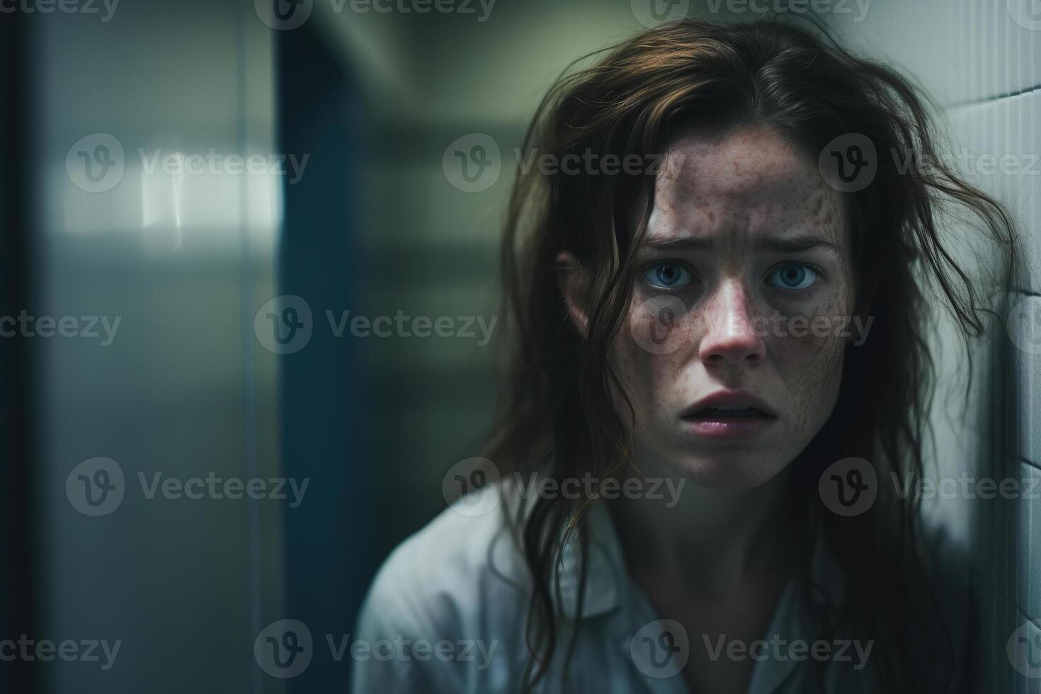 AI generated Female psychology problems treatment, abuse, depression, melancholy, mental disorder, psycho concept. Frightened, exhausted shaggy emotional young woman in dark corridor looking at camera photo