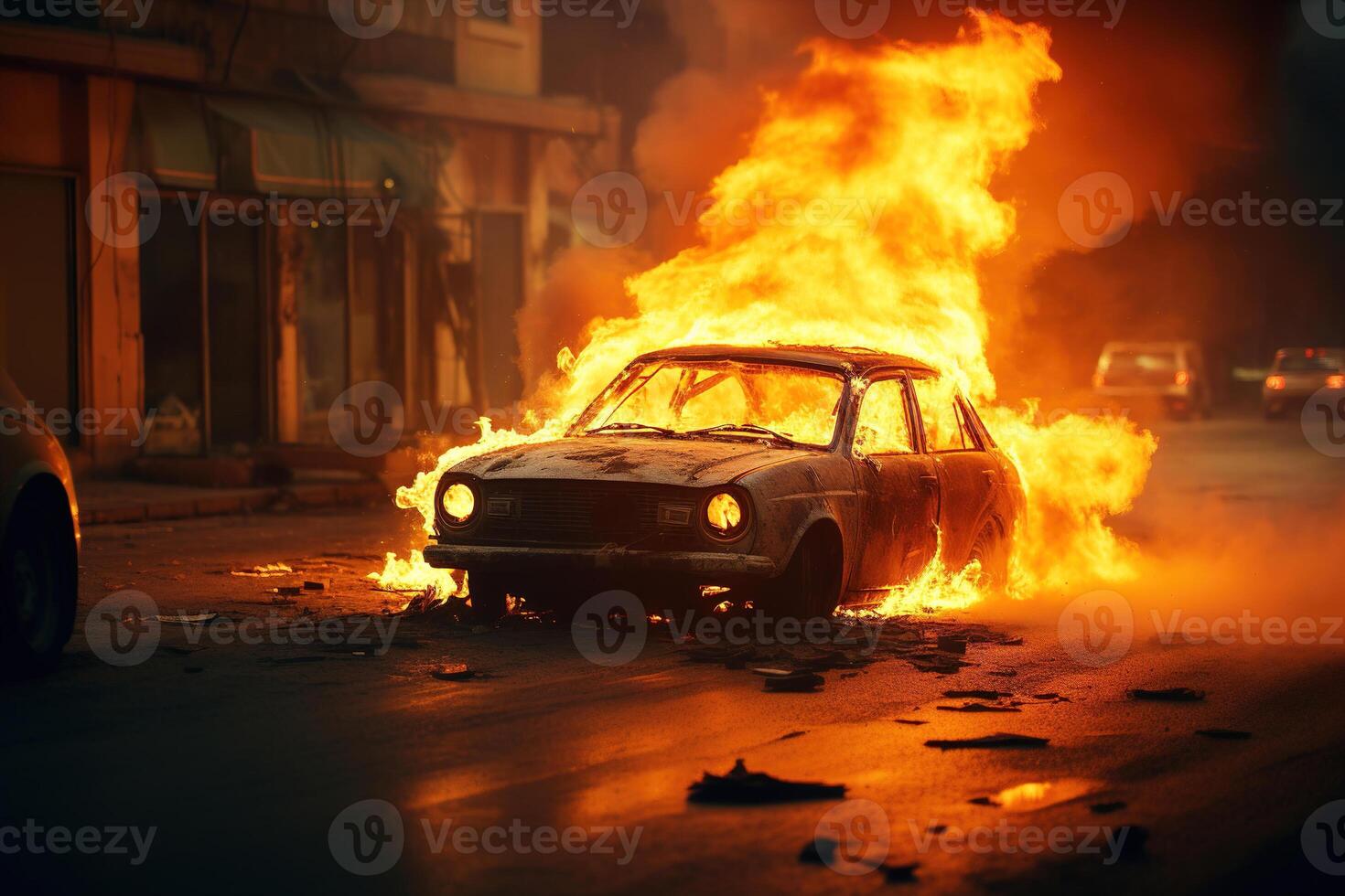 ai generado delito, disturbio, incendio provocado, incidente concepto. ardiente coche en el calle a noche foto