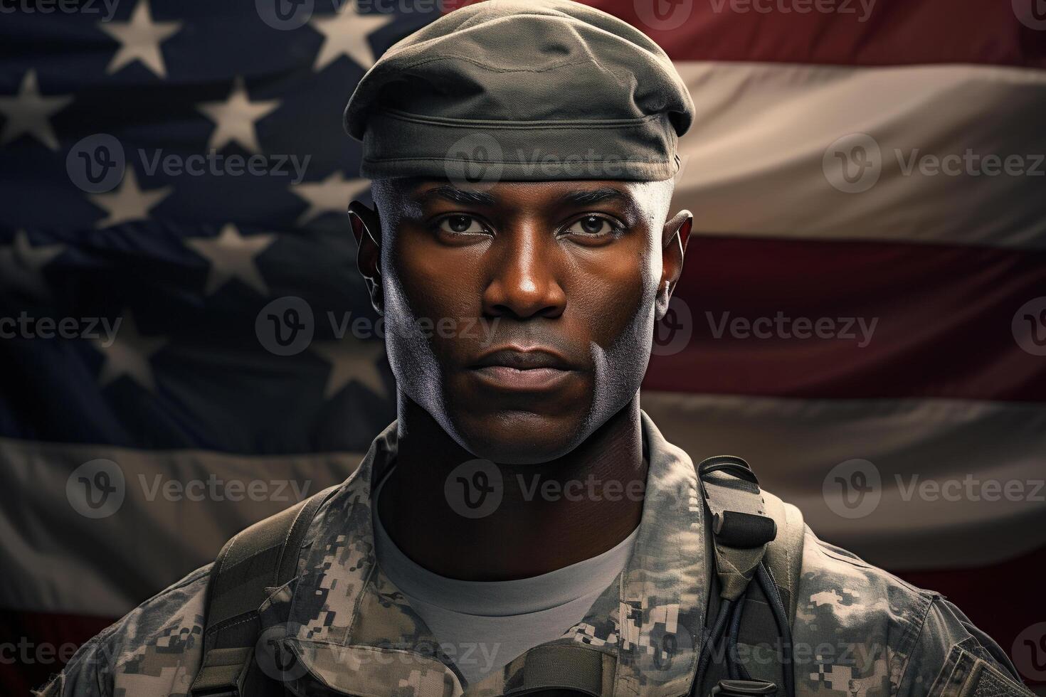 AI generated National patriot day and memorial concept. Portrait of serious African American adult male soldier in military uniform against background of American flag looking at camera photo