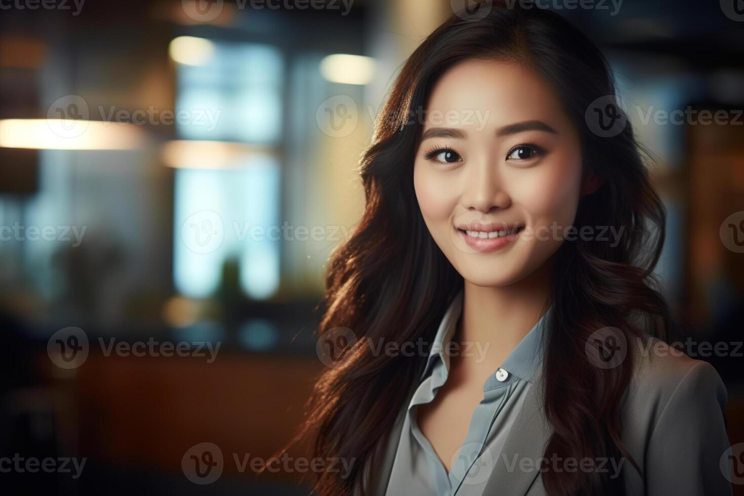 AI generated Smiling asian businesswoman in suit looking at camera, copy space. Portrait of confident successful young woman manager worker in office, indoors photo