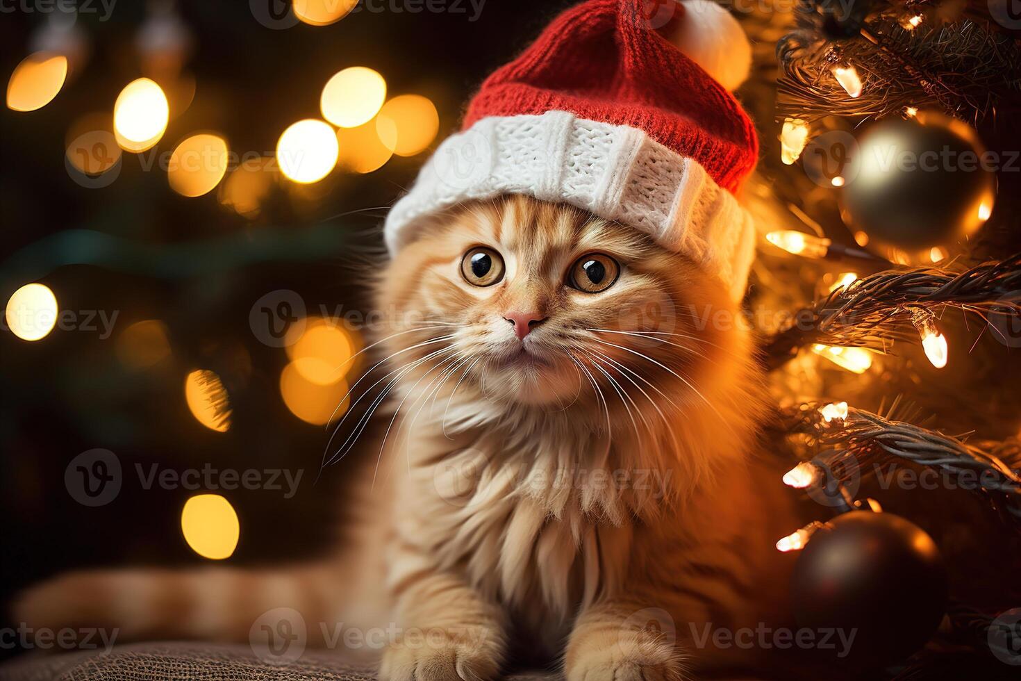 AI generated Christmas cute cat in red hat lying near Christmas tree decorated with lights, funny ginger pet xmas holiday photo