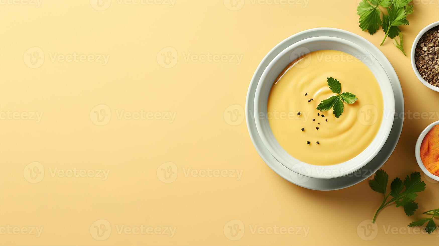 AI generated Top view cheese cream soup in a cup with herbs on yellow background, banner with copy space photo