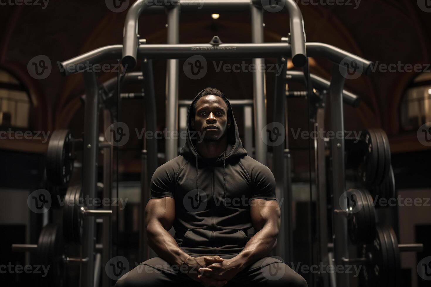 ai generado rutina de ejercicio en gimnasia, culturismo. muscular fuerte afro americano masculino atleta sentado en ejercicio máquina foto