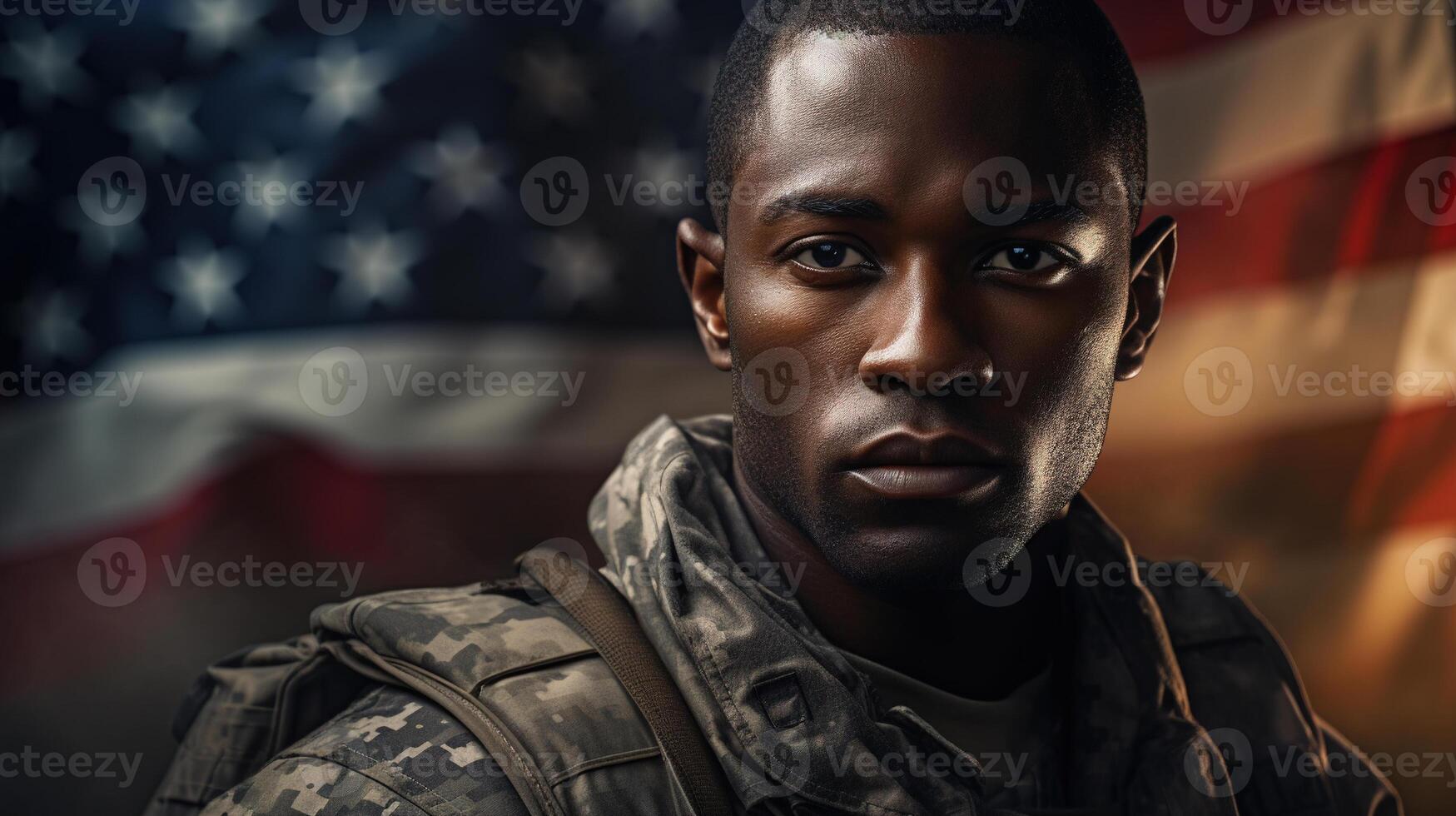 AI generated Portrait of an afro american male soldier in military uniform against background of american flag looking at camera, copy space photo