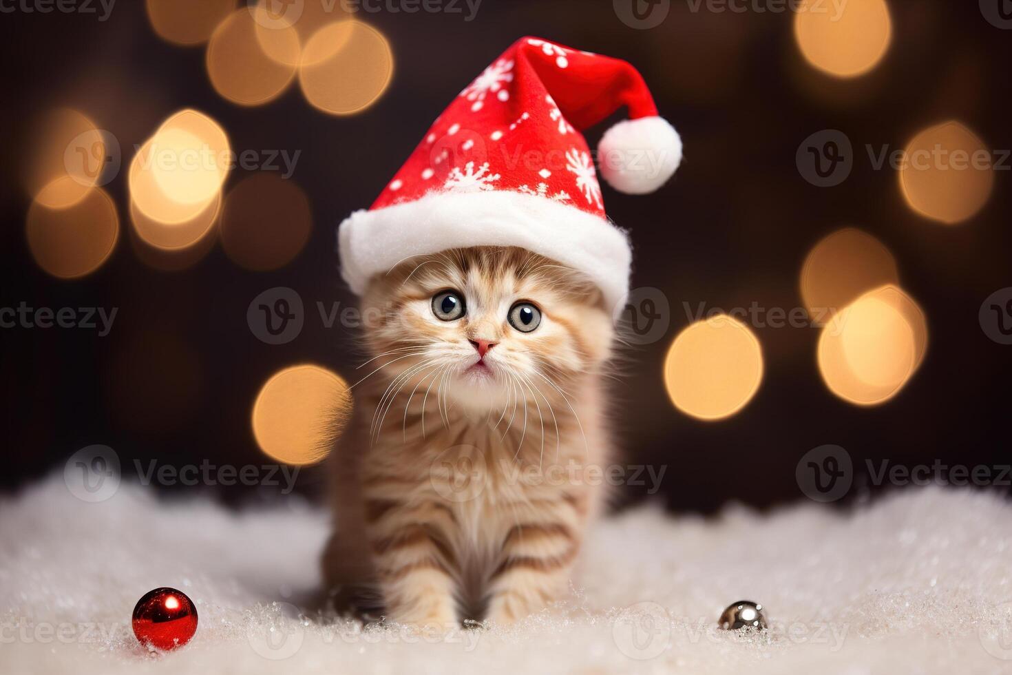 AI generated Christmas kitten. Cute fluffy little cat in a red cap sitting on snow and looking at camera, bokeh lights photo
