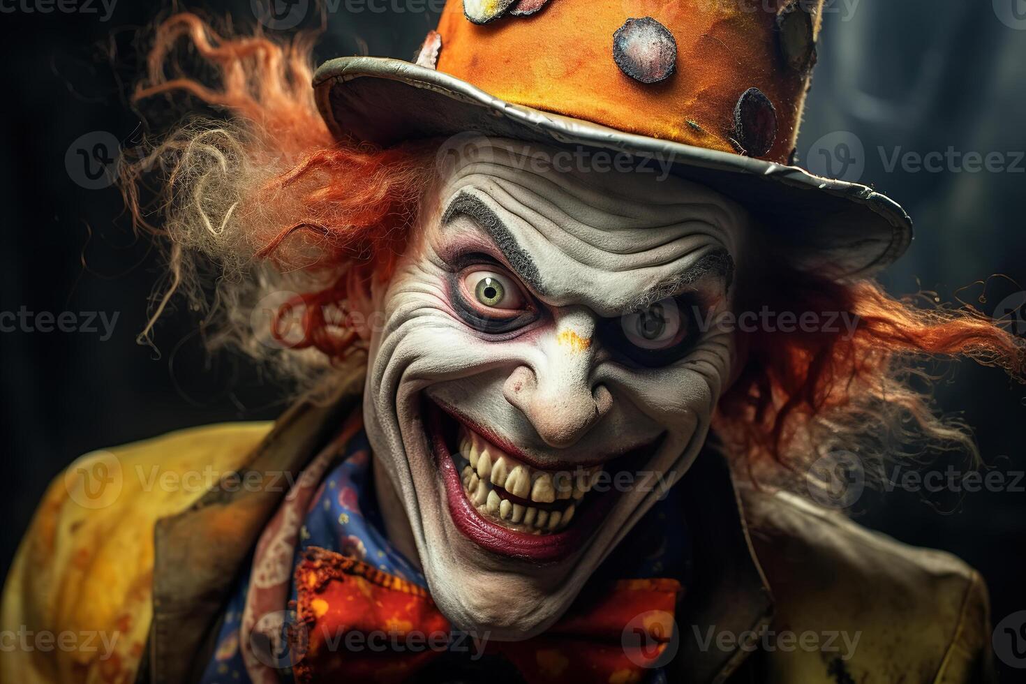 AI generated Redhead crazy creepy clown with crazy expression looking at camera, close-up of scary smiling male artist with make-up photo