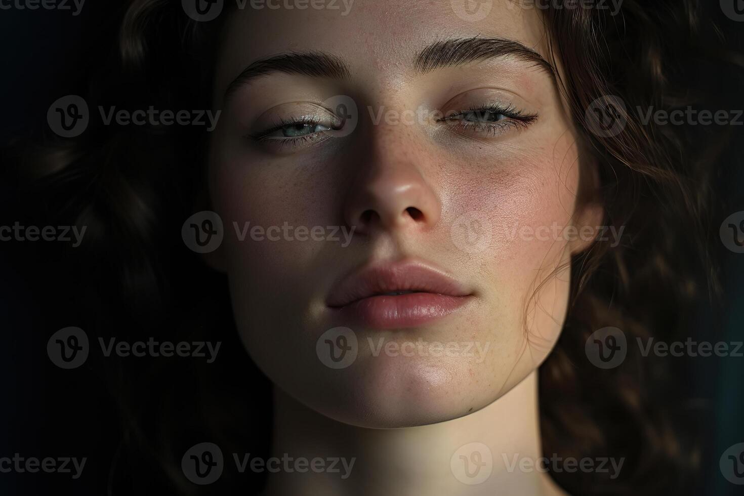 AI generated Beauty portrait of sensual beautiful caucasian young woman with narrowed eyes looking at camera, close-up of brunette face photo