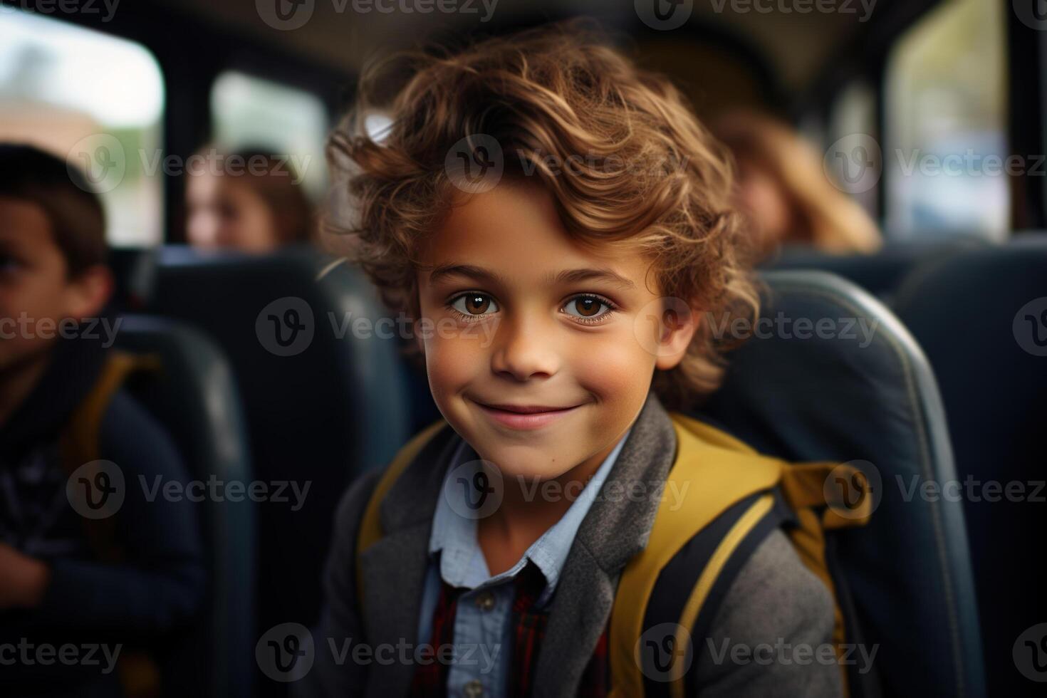 ai generado retrato de hermoso sonriente colegial en autobús, chico en chaqueta y Corbata con mochila yendo a escuela. espalda a escuela, educación concepto foto