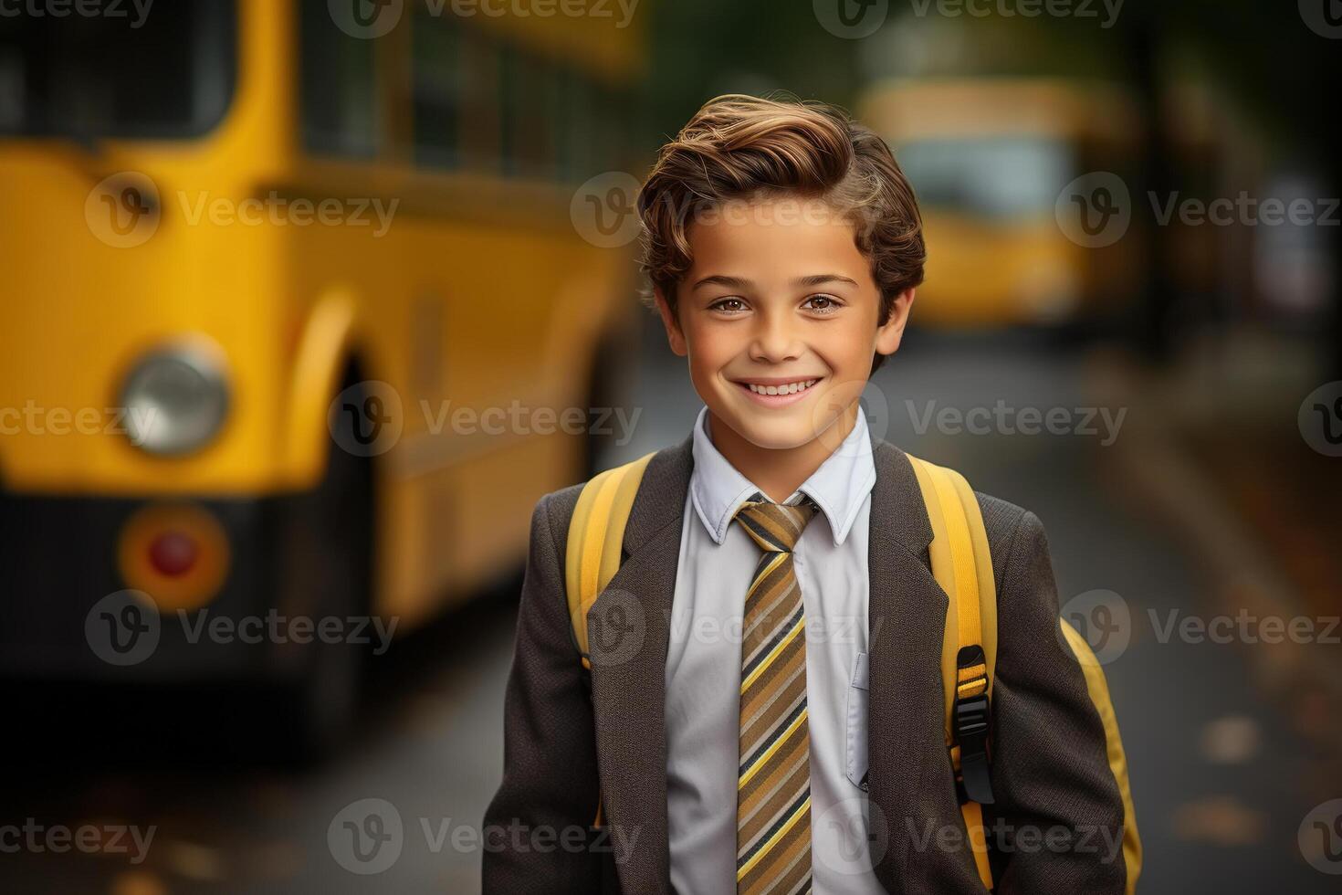 AI generated Portrait of happy smiling handsome schoolboy in suit with backpack at school bus stop looking at camera. Back to school, education concept photo