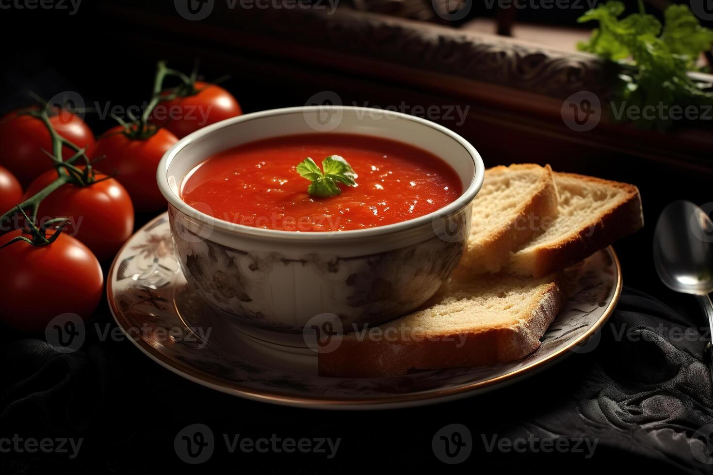 AI generated Vegetarian lunch, close-up of a cup of tomato soup and bread on the table photo