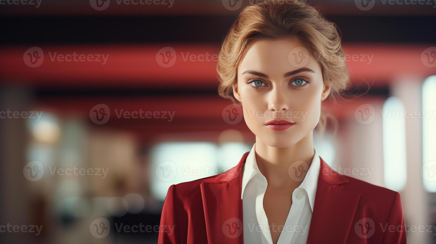 ai generado confidente hermosa joven mujer de negocios, elegante mujer en traje gerente, jefe o secretario mirando a cámara bandera con Copiar espacio. mujer negocio retrato, financiero carrera concepto foto