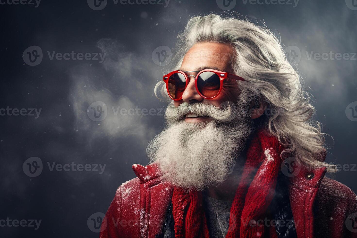 AI generated Brutal gray-haired bearded mustachioed senior hipster man on a dark foggy background looking away. Positive old man portrait with copy space photo