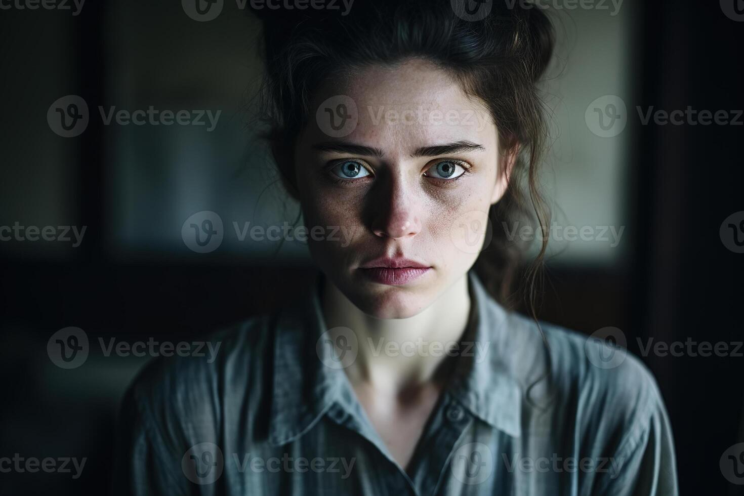 AI generated Abuse, humiliation, depression, melancholy, female mental disorder concept. Emotional portrait upset sad young woman indoors looking at camera photo