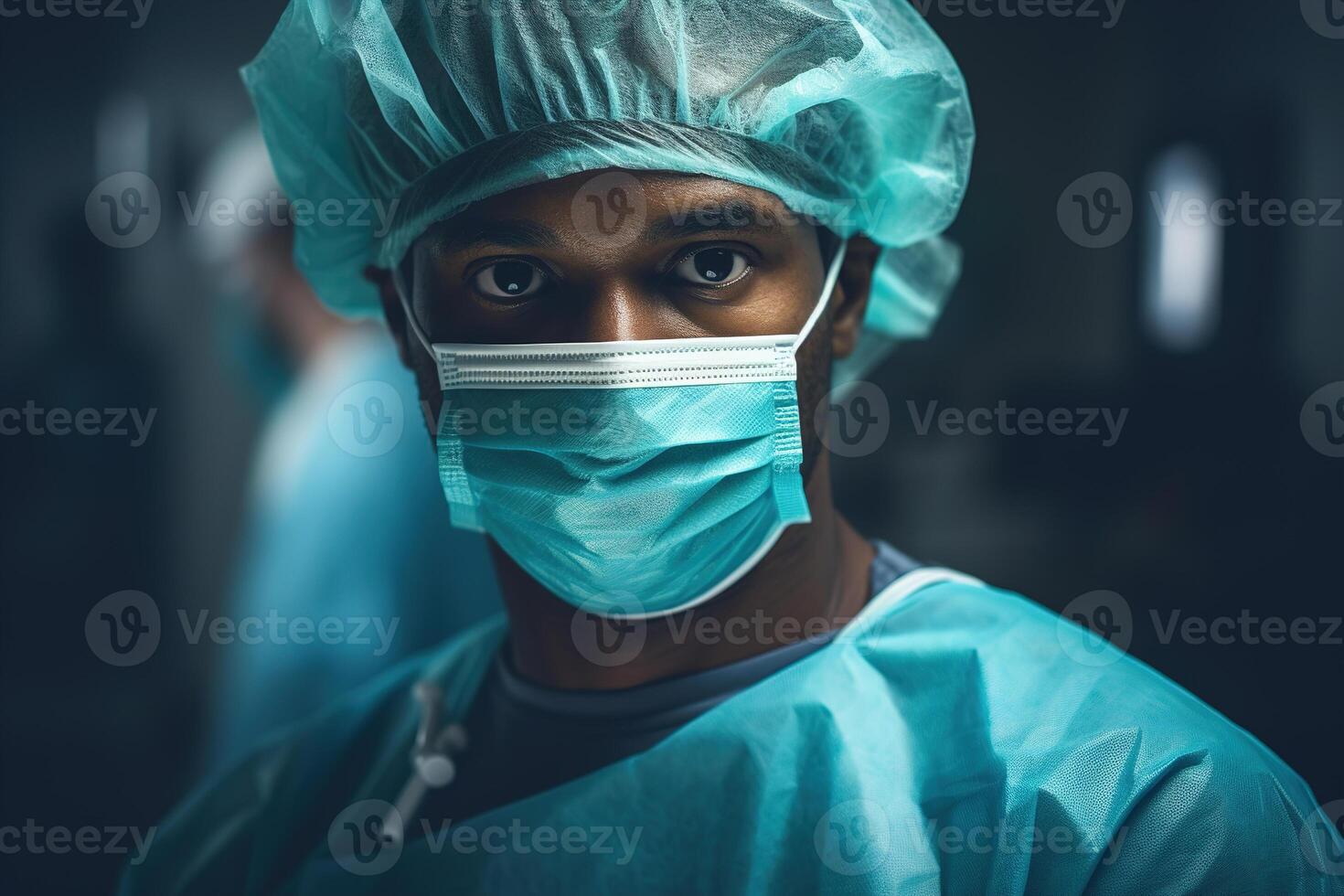 AI generated African American doctor in hospital, portrait of a male surgeon in a medical mask in operating room photo