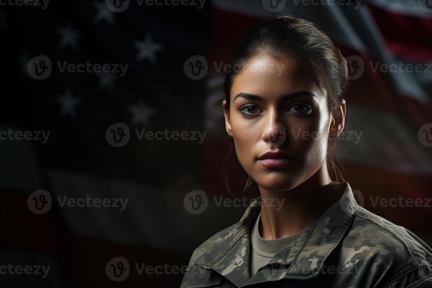 AI generated Patriot Day. Portrait caucasian young female soldier in military uniform on background of usa flag looking at camera, copy space photo