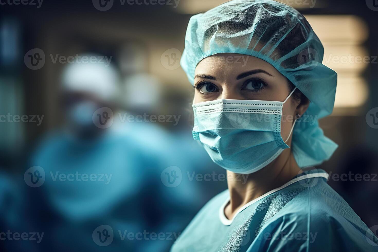 AI generated Caucasian woman surgeon in medical mask in operating room, portrait of female doctor assistant in hospital looking at camera photo