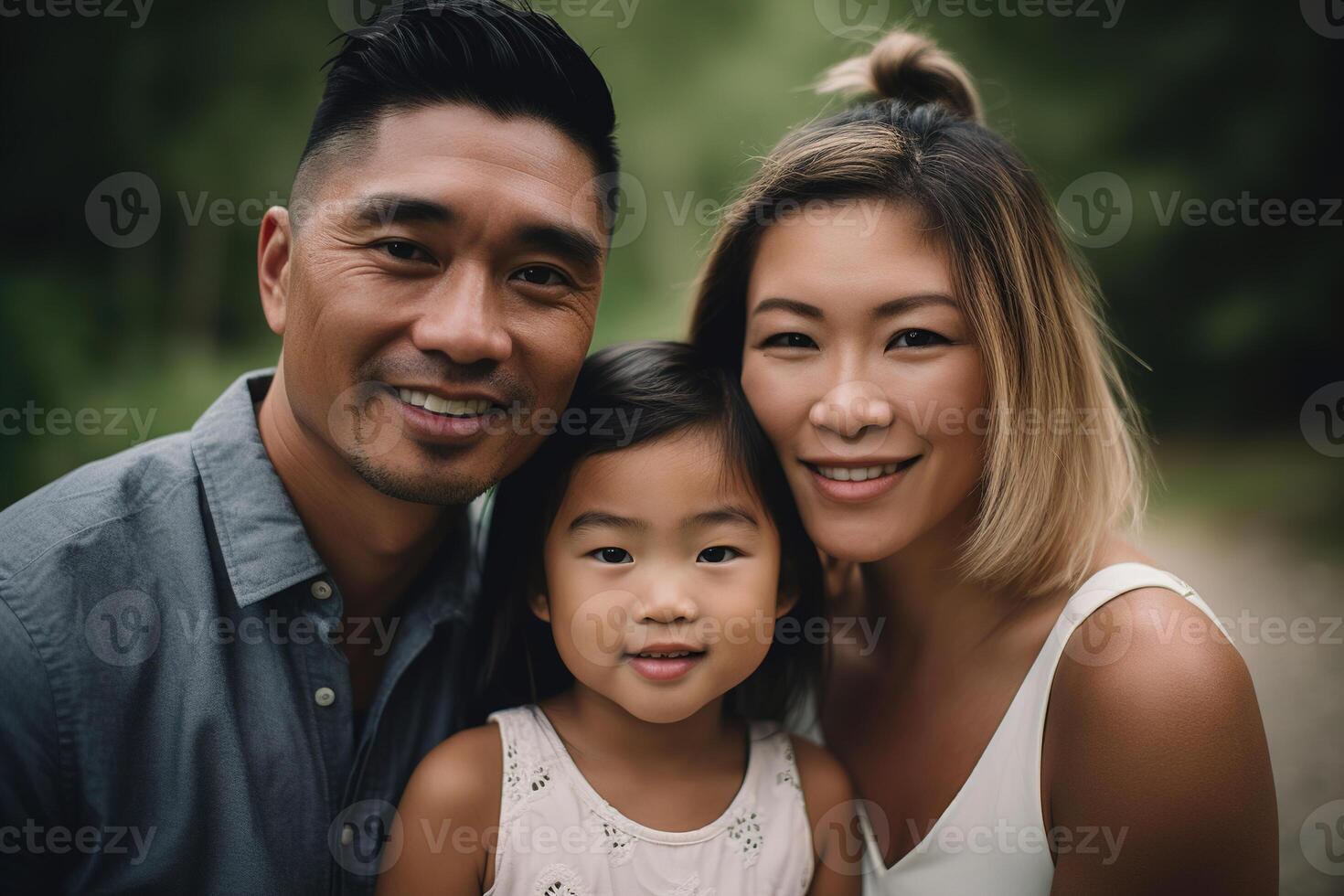 AI generated Happy Asian family, dad and mom with daughter outdoors photo