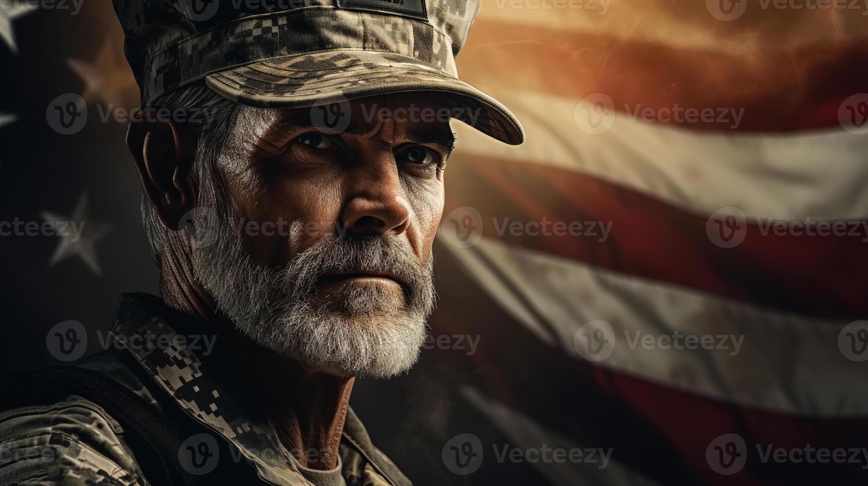 AI generated Veteran soldier on background of usa american flag with copy space. Patriot and memory day concept photo