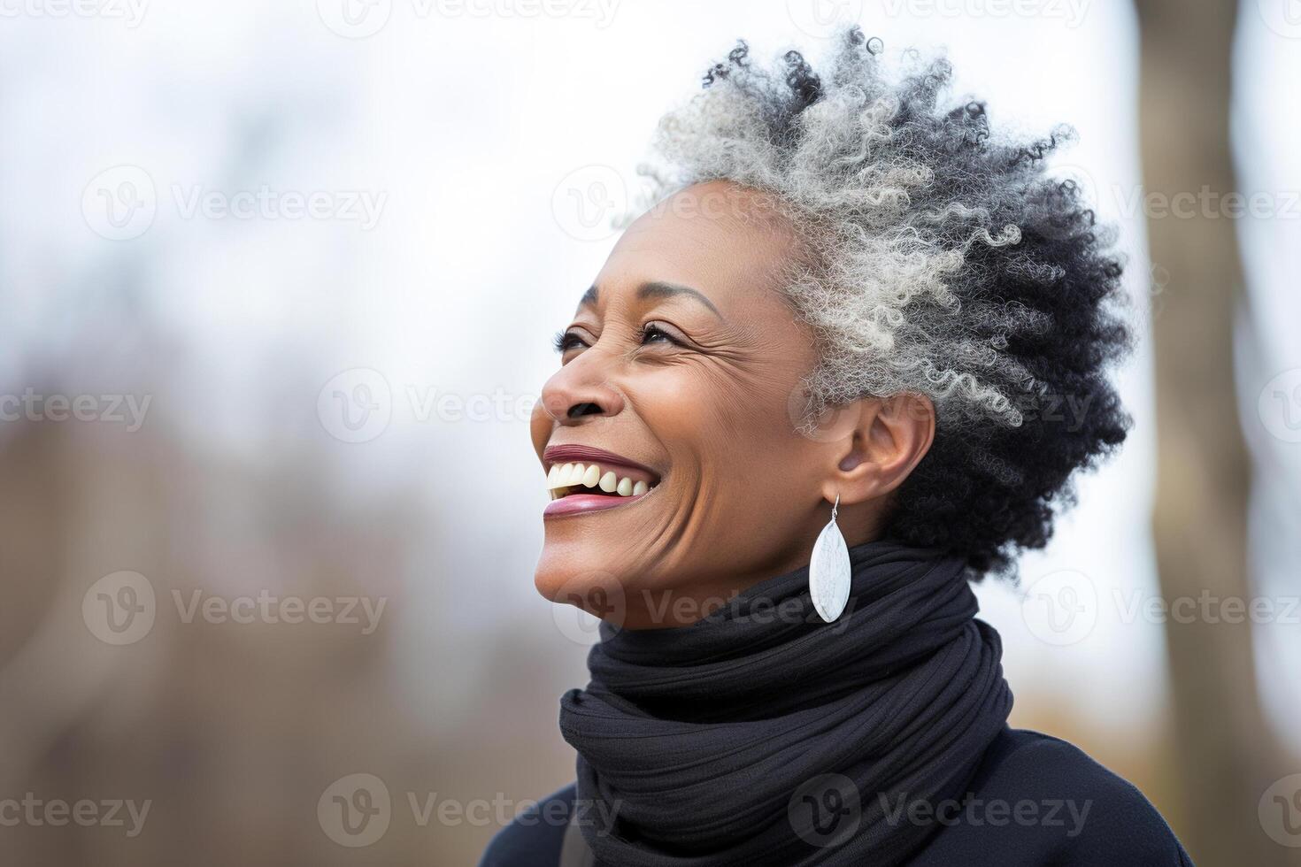 AI generated Portrait profile stylish elegant senior african american happy woman looking away outdoors photo