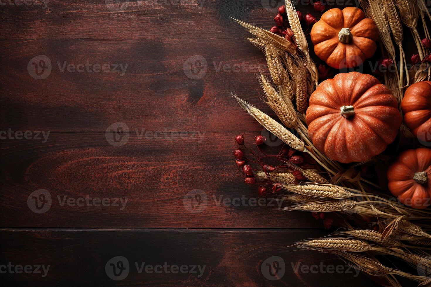AI generated Harvest concept, top view orange pumpkins and ears of corn on wooden background with copy space photo