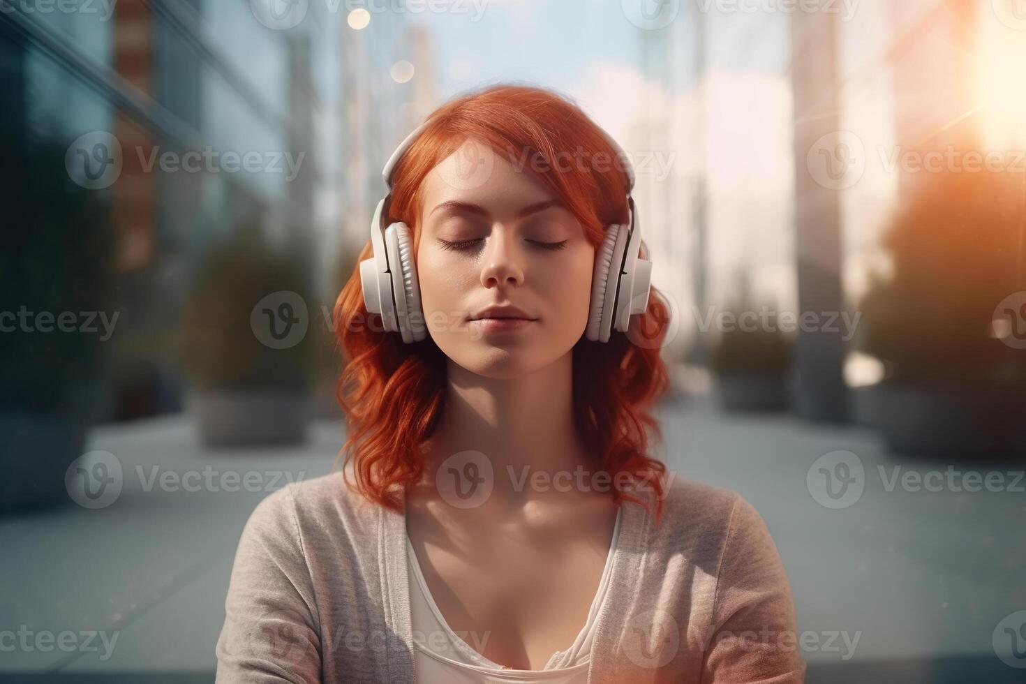 AI generated Meditating young woman in headphones on the street on a sunny day, portrait of a cute red-haired woman listening to music with closed eyes outdoors photo
