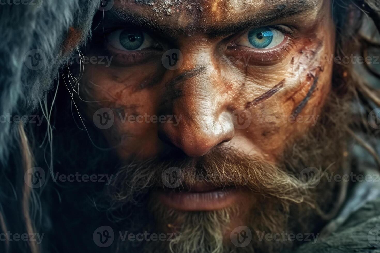 AI generated Close-up of stern look warrior with scars and dirt on his face, brave fighter eyes looking at camera photo