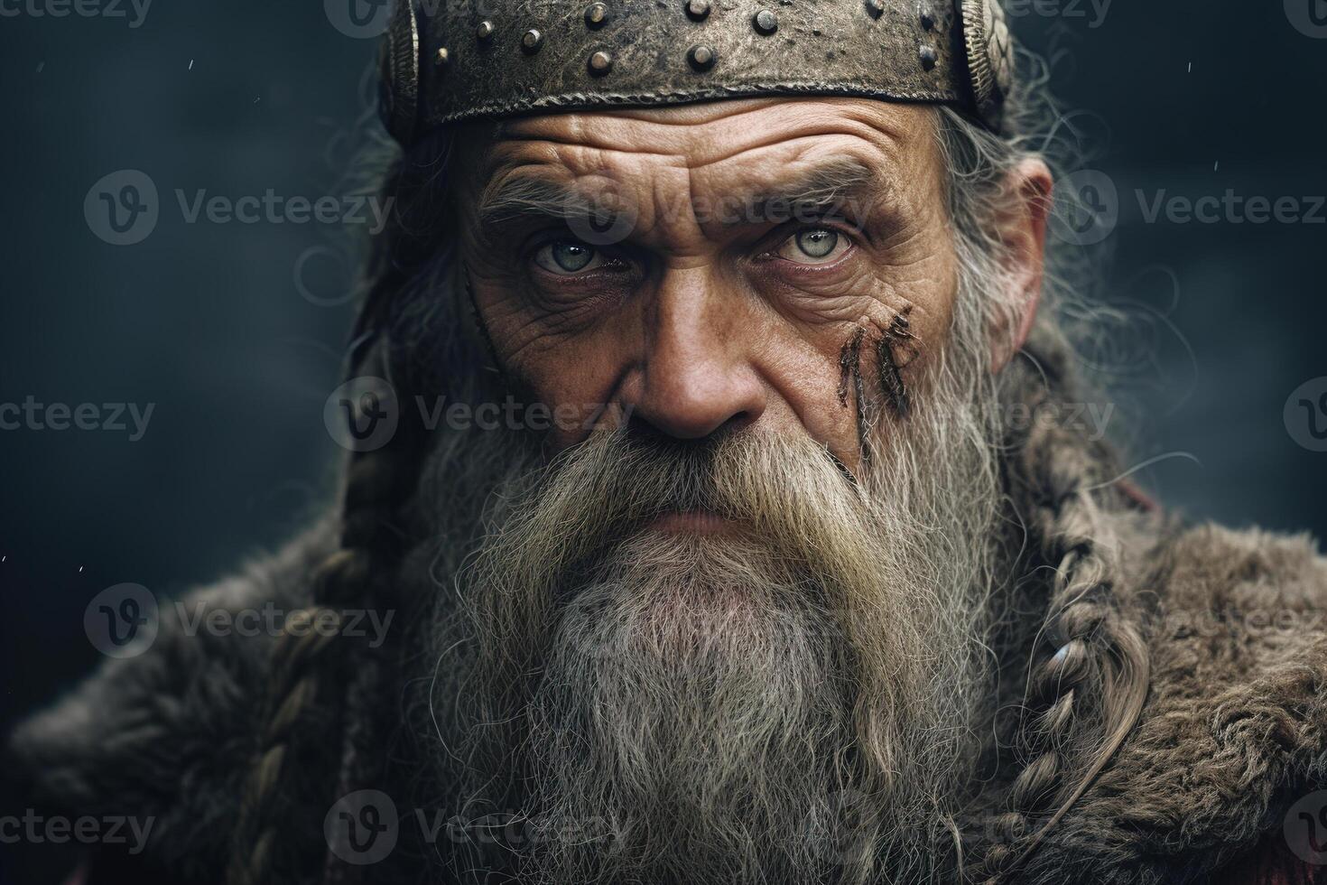 AI generated Portrait of an old gray-haired barbarian warrior with bloody wound on his face looking at camera, outdoors photo