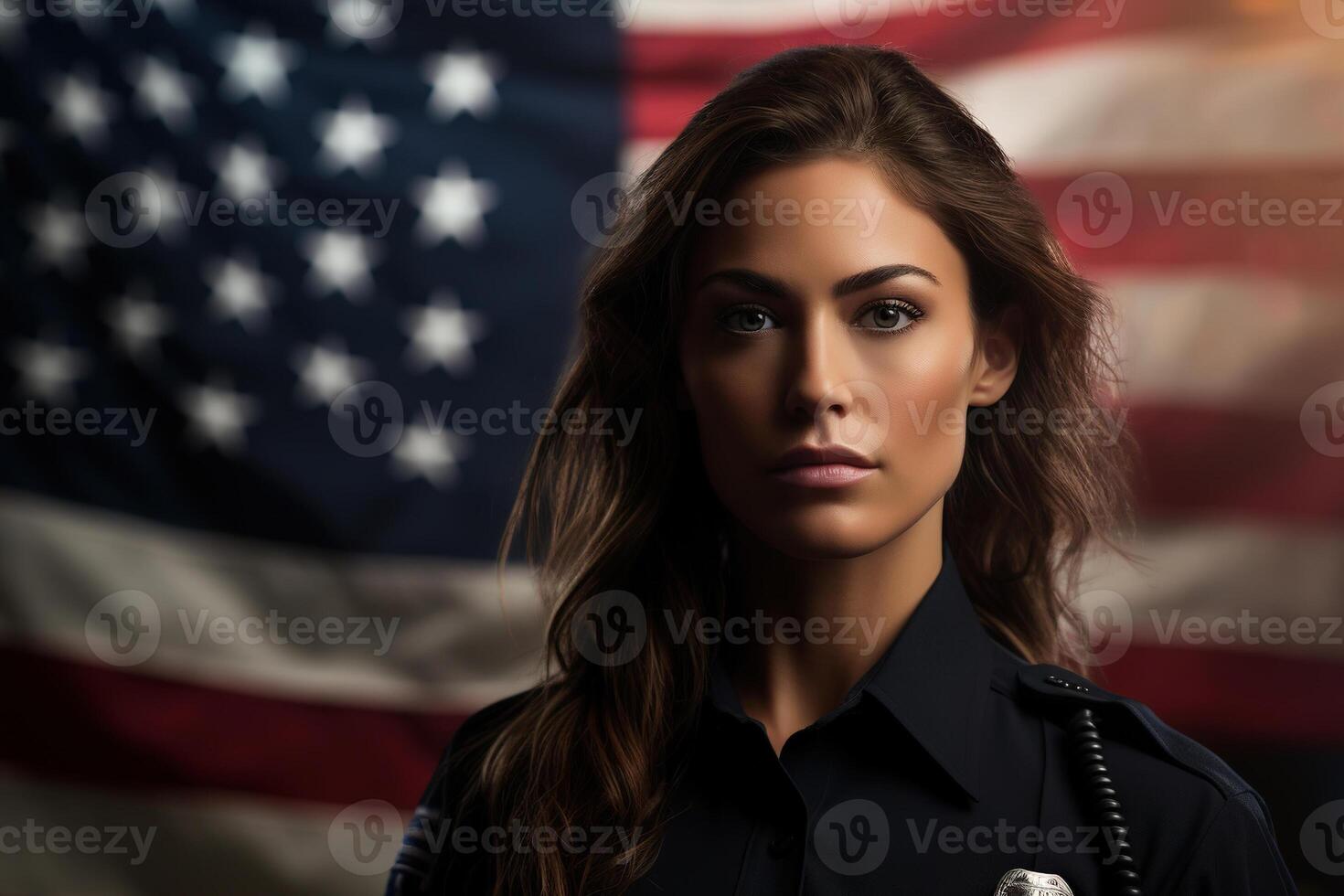 AI generated Portrait of a caucasian female police officer in uniform on the background of the usa american flag photo