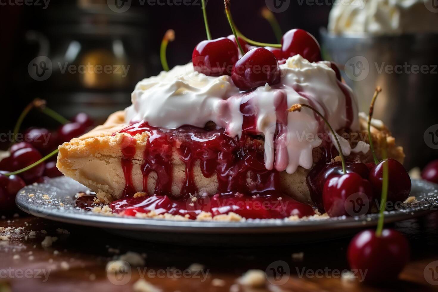 AI generated Close-up piece of cherry pie with berries on a plate indoors, dessert photo