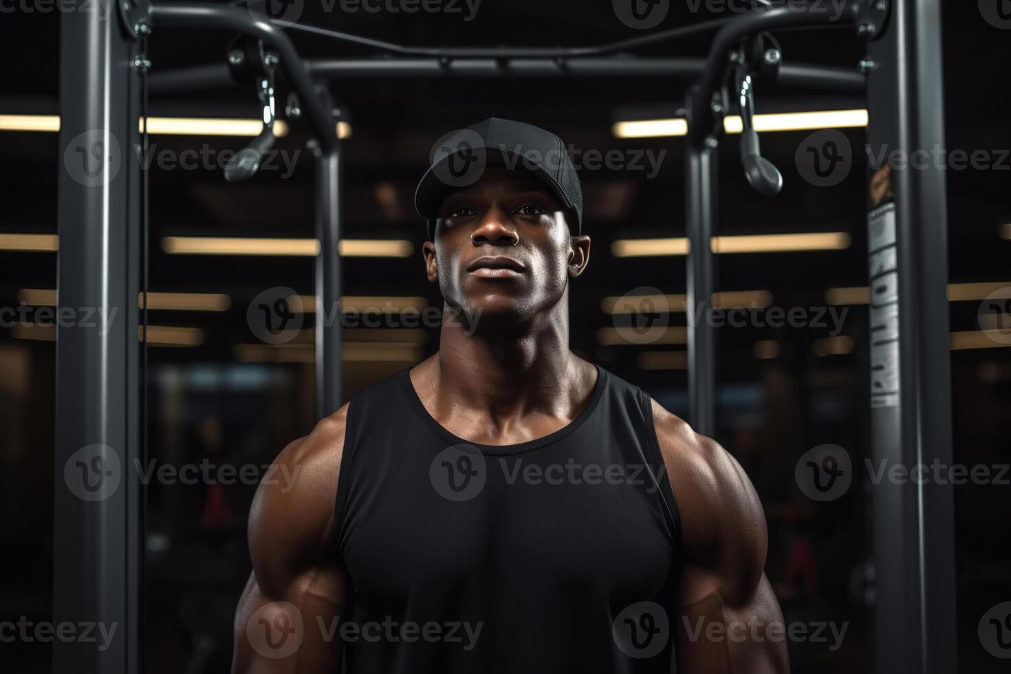 AI generated Muscular confident afro american athlete in gym, portrait waist-up black male sportsman fitness model photo