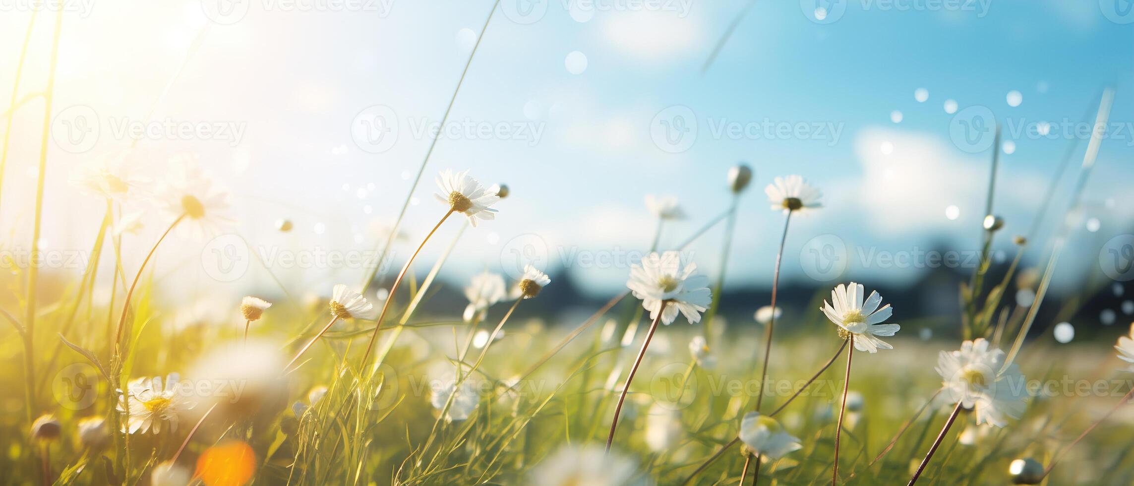 AI generated Floral banner, summer or spring blooming background. Field of flowers on a sunny summer day, white daisies in the meadow. Wide angle, selective focus, close-up photo