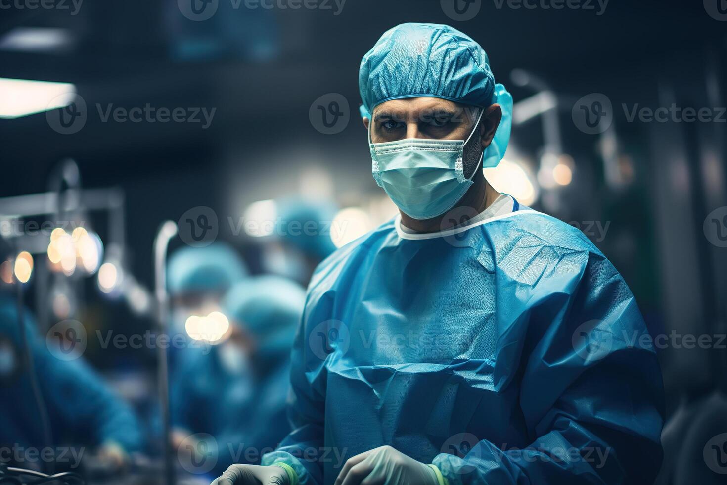AI generated Operating room in clinic, team of doctors in surgery, portrait of male surgeon photo