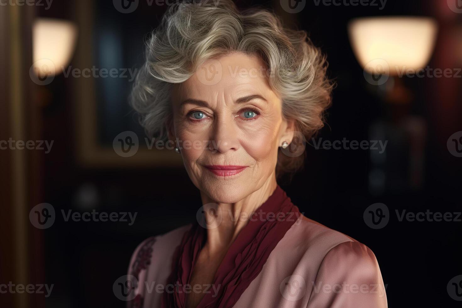 ai generado retrato de elegante elegante medio Envejecido mujer adentro mirando a cámara. bien educado linda sonriente mayor dama con gris pelo foto