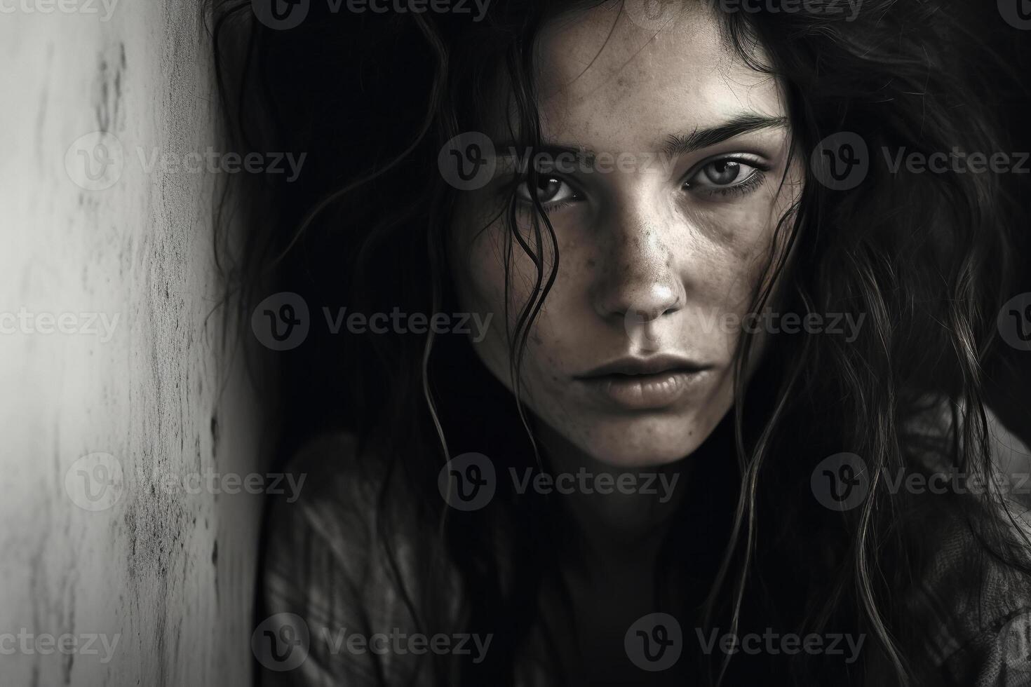 AI generated Abuse, humiliation, depression, melancholy, female mental disorder concept. Portrait of sad emotionally tired shaggy young woman against wall looking at camera photo