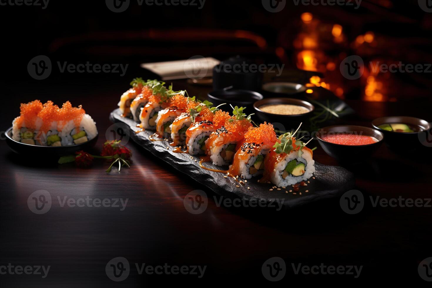 ai generado tradicional japonés alimento, conjunto de Sushi rollos con crudo pescado en un pizarra negro tablero en un restaurante foto