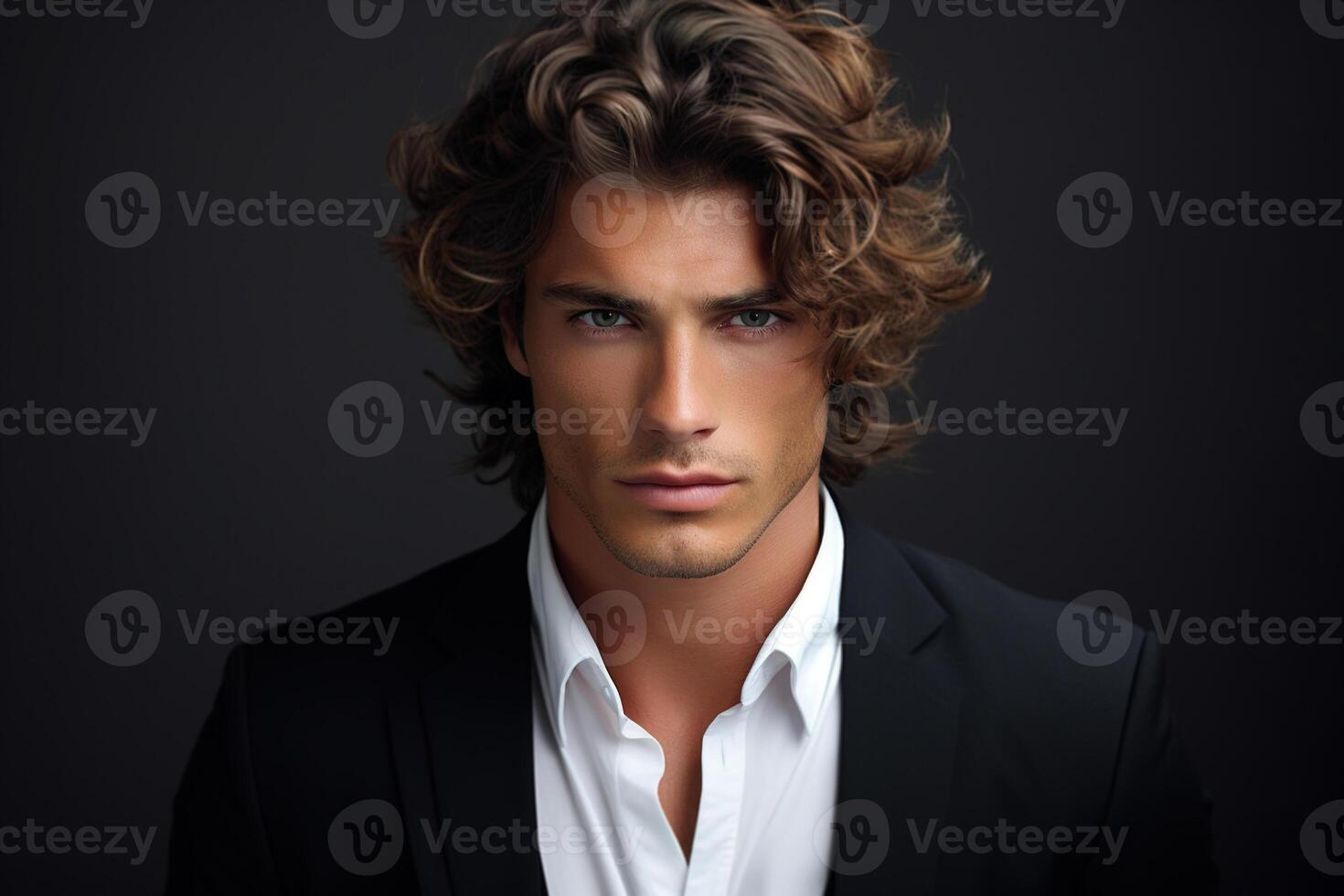 AI generated Magazine portrait of stylish caucasian confident young man in suit, stylish handsome guy male model with hairstyle looking at camera photo