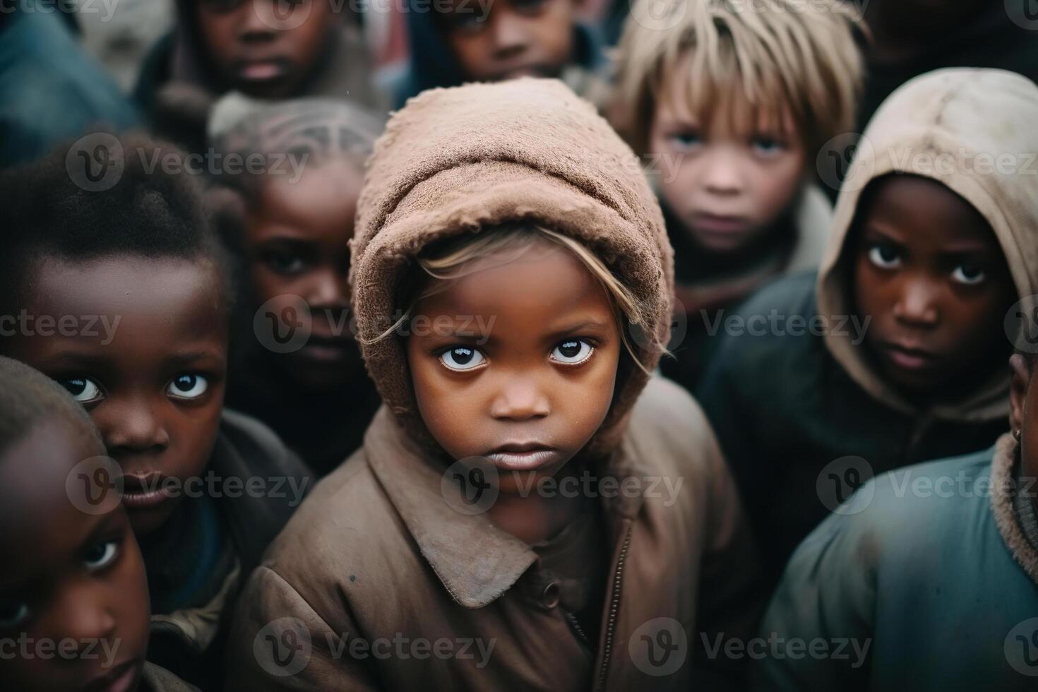 AI generated Social problems of poverty, inequality and migration. Group of African poor immigrant children outdoors, hungry kids looking at camera photo