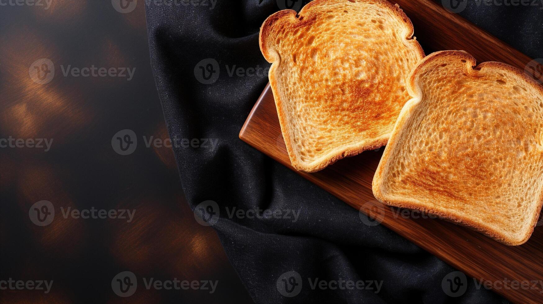 AI generated Fried crispy toast on a wooden board and tablecloth. Top view, banner dark background with copy space photo
