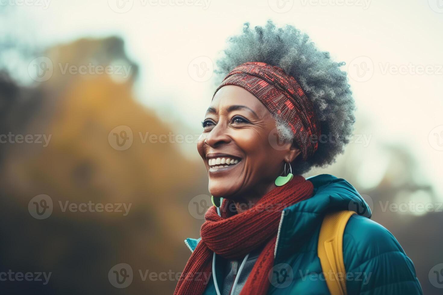 AI generated Positive african american senior woman and active lifestyle, happy mature lady in casual autumn clothes and with backpack outdoors, copy space photo