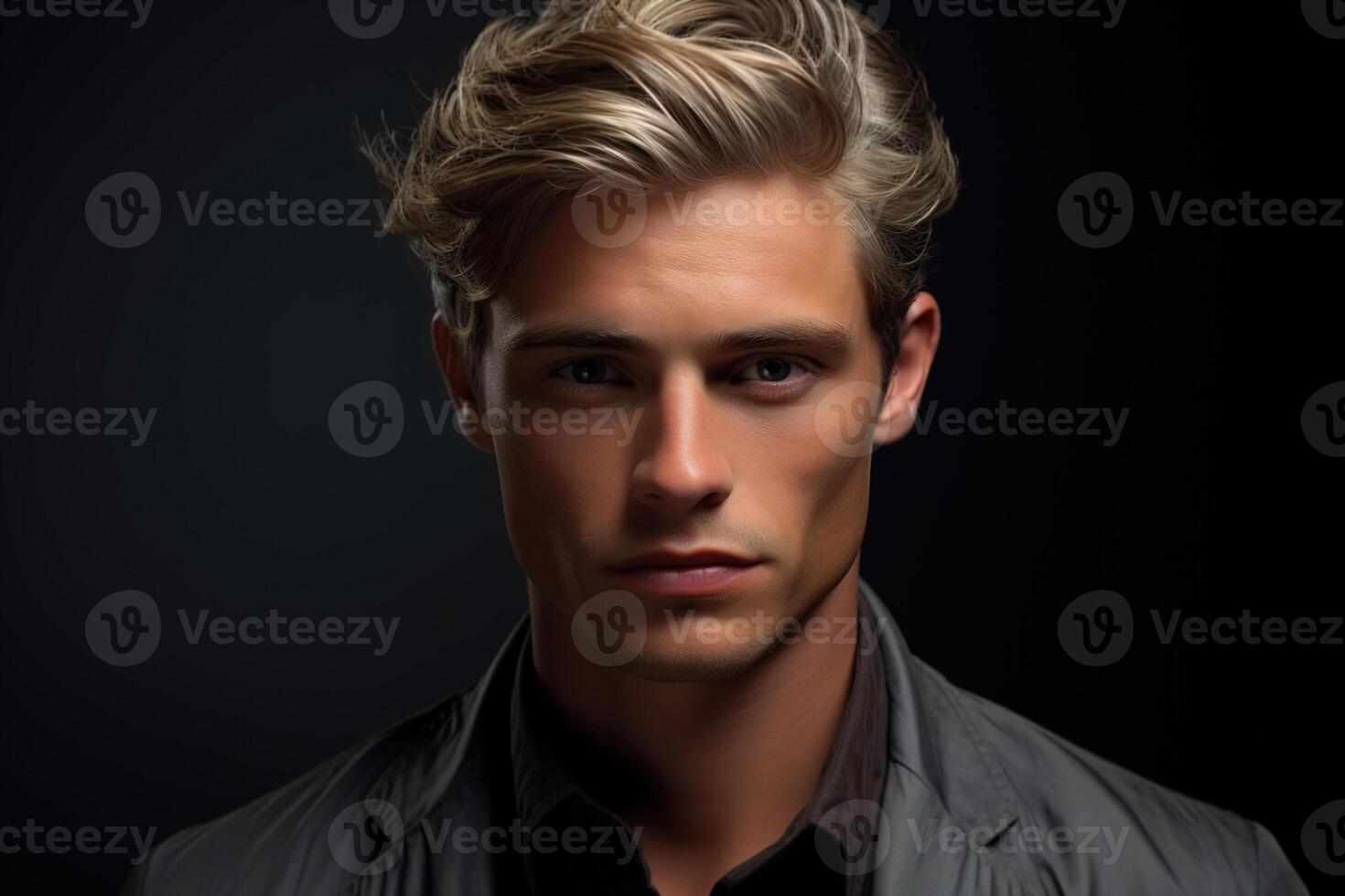 AI generated Magazine portrait caucasian confident young man, stylish handsome guy with haircut looking at camera photo