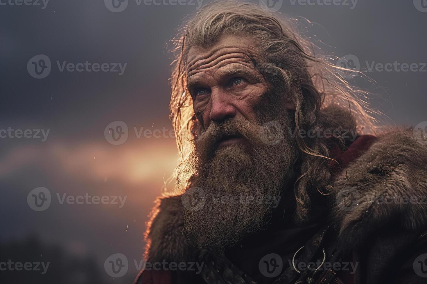 AI generated Medieval northern old warrior barbarian tired after battle outdoors at sunset looking away photo