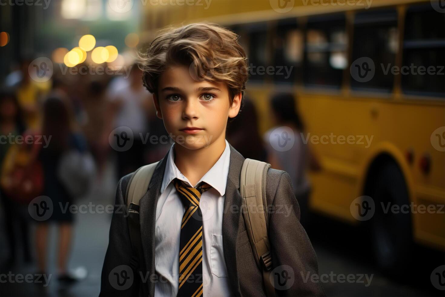 ai generado retrato de hermoso colegial en traje al aire libre, chico en chaqueta y Corbata con mochila a colegio autobús detener mirando a cámara. espalda a escuela, educación concepto foto