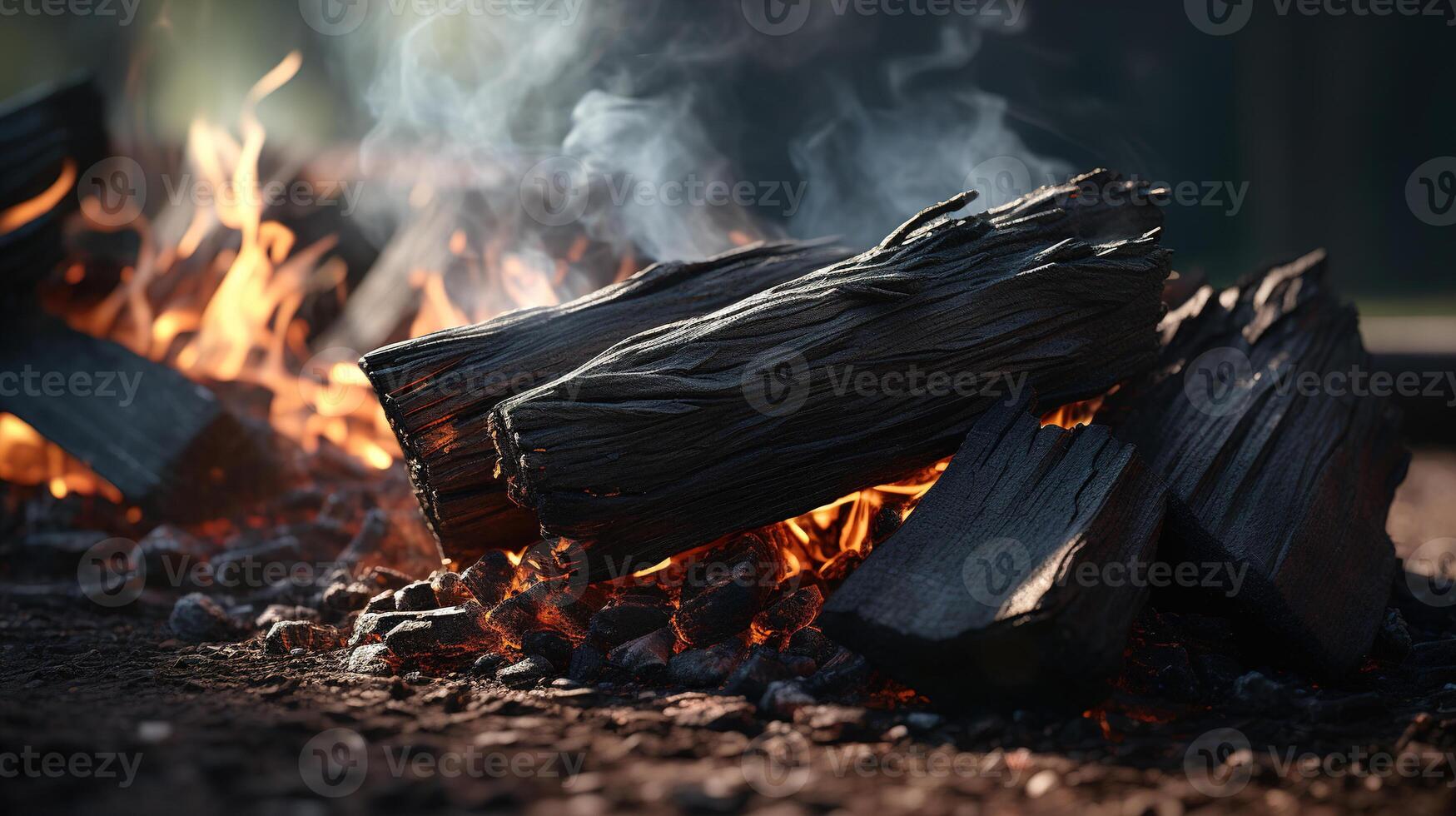 AI generated Burning firewood, coals in a campfire outdoors. Close-up, banner photo