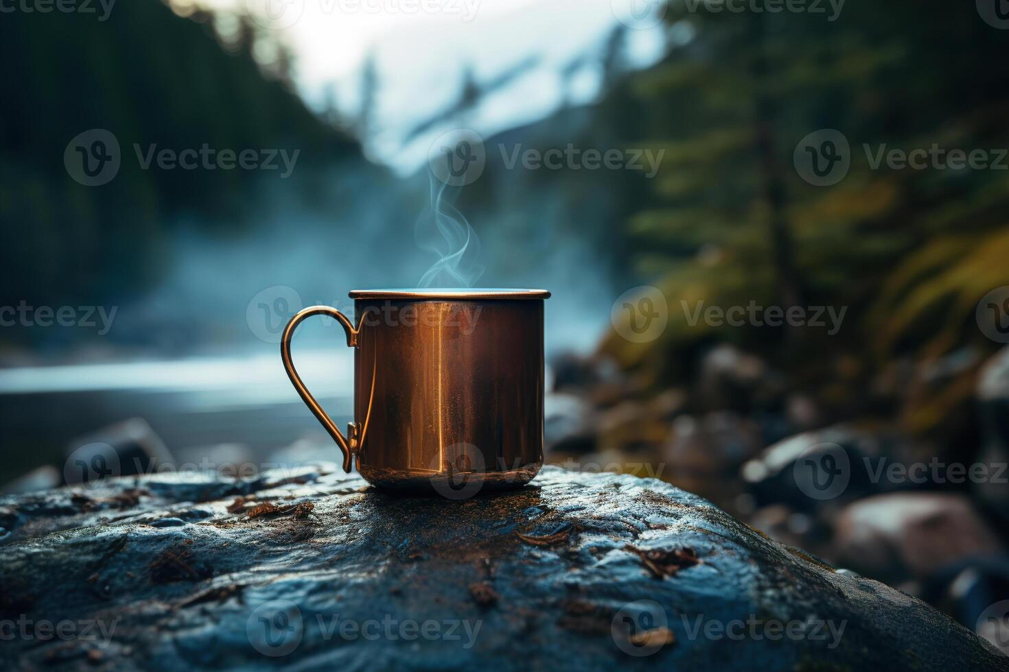 AI generated Close-up of camping mug with hot drink and steam standing against backdrop of mountains near stream, mockup. Bronze simple cup with place for branding in nature, hiking concept photo