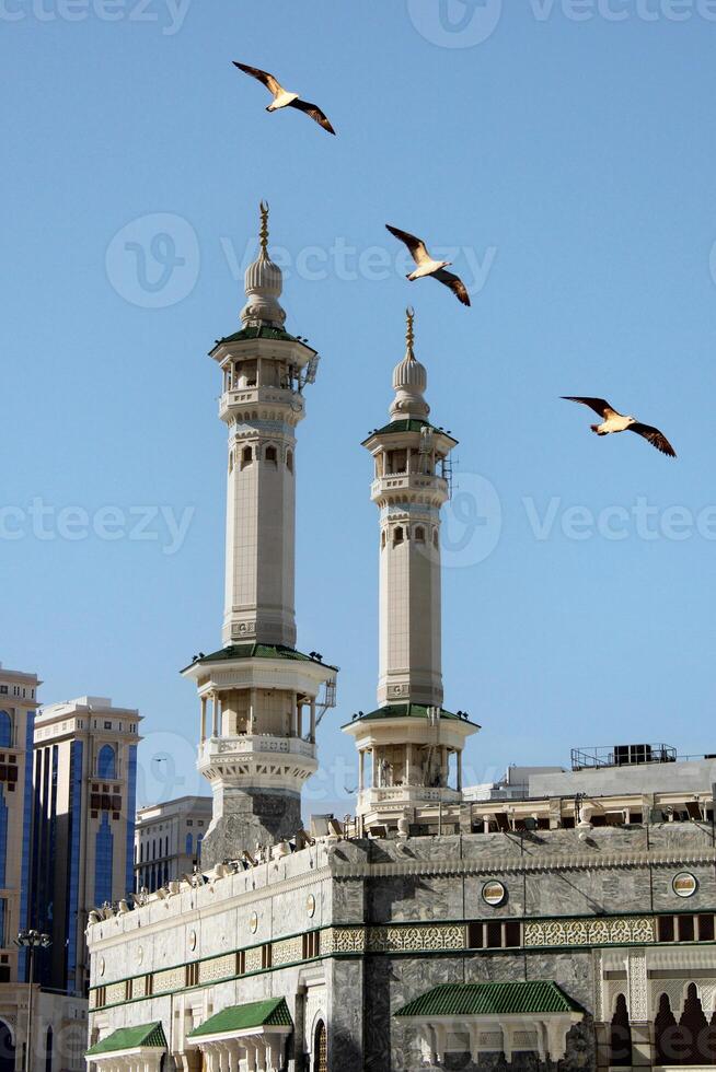 The minarets of the Meccan Kaaba with flying seagulls. Mecca, Saudi Arabia photo